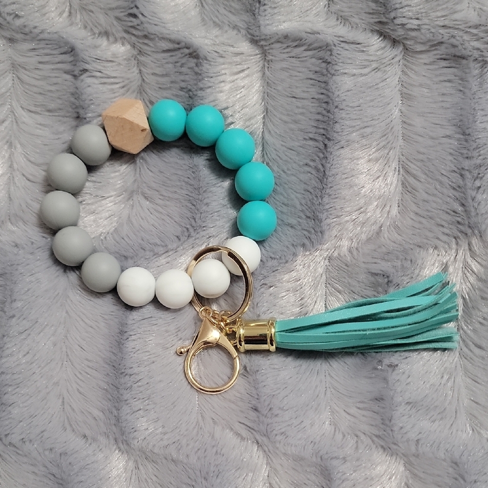 Teal and Gray Beaded Keychain with Tassel